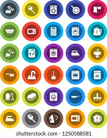 White Solid Icon Set- vacuum cleaner vector, fetlock, scoop, sponge, iron, steaming, drying clothes, washer, sink, water tap, pan, kettle, colander, grater, microwave oven, dishwasher