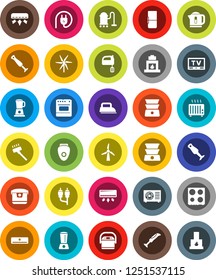 White Solid Icon Set- vacuum cleaner vector, mixer, oven, double boiler, blender, tv, rca, windmill, air conditioner, ari condition, fridge, power plug, iron, multi cooker, epilator, kettle, heater