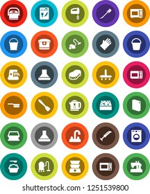 White Solid Icon Set- vacuum cleaner vector, fetlock, bucket, sponge, car, washing powder, rubber glove, water tap, spatula, microwave oven, washer, dishwasher, mixer, coffee maker, hood, blender