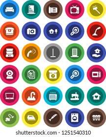 White Solid Icon Set- vacuum cleaner vector, mop, iron, steaming, house hold, water tap, double boiler, chalet, estate document, search, cushioned furniture, love home, tv, building, washer, blender