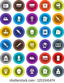 White Solid Icon Set- vacuum cleaner vector, kettle, mixer, blender, table lamp, tv, rca, air conditioner, ari condition, fridge, iron, multi cooker, oven, epilator, fan, bulb, fireplace