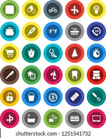White Solid Icon Set- vacuum cleaner vector, bucket, bath, cook timer, whisk, double boiler, pen, bell, alarm clock, dollar coin, cart, bike, horizontal bar, pills, pool, route, phone 24, patch