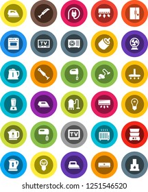 White Solid Icon Set- vacuum cleaner vector, iron, kettle, mixer, double boiler, tv, rca, air conditioner, ari condition, fridge, power plug, oven, blender, fan, heater, bulb, fireplace
