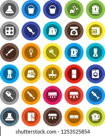 White Solid Icon Set- vacuum cleaner vector, bucket, kettle, scales, oven, blender, air conditioner, fridge, washer, coffee maker, hood