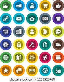 White Solid Icon Set- vacuum cleaner vector, shower, kettle, blackboard, dollar coin, cart, buttocks, shorts, t shirt, first aid kit, support, barcode, loudspeaker, settings, favorites, gender sign