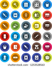 White Solid Icon Set- vacuum cleaner vector, bucket, kettle, scales, oven, blender, air conditioner, fridge, washer, coffee maker