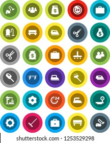 White Solid Icon Set- vacuum cleaner vector, rake, iron, case, money bag, horizontal bar, big scales, group, scissors, gear, bench, construction crane, 24 hour