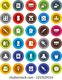 White Solid Icon Set- vacuum cleaner vector, bucket, kettle, scales, oven, blender, air conditioner, fridge, washer, coffee maker, hood