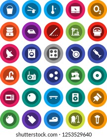 White Solid Icon Set- vacuum cleaner vector, bucket, water tap, pan, cook press, cutting board, oven, double boiler, blender, thermometer, paper pin, measuring, fitball, skateboard, oxygen, disk