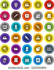 White Solid Icon Set- vacuum cleaner vector, iron, oven, double boiler, blender, table lamp, tv, rca, windmill, air conditioner, power plug, multi cooker, fan, kettle, heater, bulb, fireplace