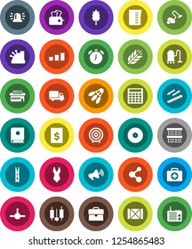 White Solid Icon Set- vacuum cleaner vector, clothespin, measuring cup, cereal, alarm clock, exam, japanese candle, case, calculator, receipt, target, swimsuite, molecule, stairways run, cereals