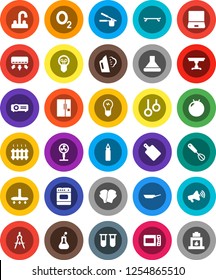 White Solid Icon Set- vacuum cleaner vector, steaming, water tap, pan, cook press, whisk, cutting board, drawing compass, punching bag, fitball, boxing glove, skateboard, gymnast rings, oxygen, vial