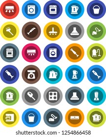 White Solid Icon Set- vacuum cleaner vector, bucket, kettle, scales, oven, blender, air conditioner, washer, coffee maker, hood