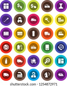 White Solid Icon Set- vacuum cleaner vector, fetlock, car, window cleaning, iron, steaming, agent, shining, woman, dollar cursor, phone 24, support, delivery, cargo search, mobile, hospital building
