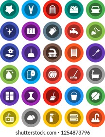 White Solid Icon Set- vacuum cleaner vector, fetlock, scoop, rake, bucket, clothespin, sponge, towel, water tap, car, shining, splotch, bath, liquid soap, sprayer, rubber glove, washboard, plates