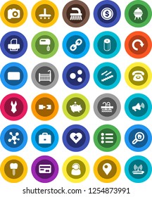 White Solid Icon Set- vacuum cleaner vector, fetlock, toilet paper, bbq, case, dollar coin, piggy bank, swimsuite, stairways run, pool, heart cross, camera, loudspeaker, social media, link, mail