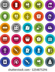White Solid Icon Set- vacuum cleaner vector, kettle, mixer, oven, blender, table lamp, tv, rca, windmill, air conditioner, fridge, power plug, iron, multi cooker, epilator, fan, heater, fireplace