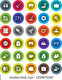 White Solid Icon Set- vacuum cleaner vector, rake, case, money bag, horizontal bar, big scales, group, vial, scissors, data, gear, bench, construction crane, 24 hour, iron