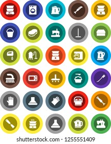White Solid Icon Set- vacuum cleaner vector, fetlock, mop, bucket, sponge, car, washing powder, rubber glove, kettle, spatula, double boiler, washer, mixer, coffee maker, hood, multi cooker, blender