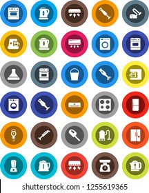 White Solid Icon Set- vacuum cleaner vector, bucket, kettle, scales, oven, blender, air conditioner, fridge, washer, coffee maker, hood