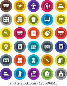 White Solid Icon Set- vacuum cleaner vector, iron, oven, double boiler, table lamp, tv, rca, windmill, air conditioner, ari condition, fridge, power plug, blender, epilator, fan, kettle, heater