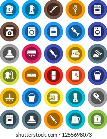 White Solid Icon Set- vacuum cleaner vector, bucket, kettle, scales, oven, blender, air conditioner, fridge, washer, coffee maker, hood