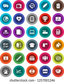 White Solid Icon Set- vacuum cleaner vector, trash bin, drying clothes, cook hat, pen, notebook pc, paper pin, award cup, certificate, exam, graph, man, hierarchy, stadium, heart cross, hoop, earth