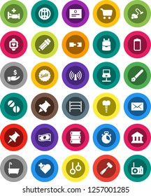 White Solid Icon Set- vacuum cleaner vector, bath, cook timer, meat hammer, book, pen, pencil, backpack, paper pin, certificate, bank, cart, cash, investment, heart monitor, cross, gymnast rings