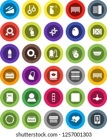 White Solid Icon Set- vacuum cleaner vector, sprayer, water closet, colander, cookbook, egg, medal, exam, bottle, stairways run, hoop, gymnast rings, oxygen, traffic light, wood box, barcode, dna