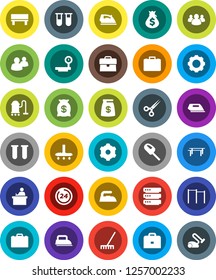 White Solid Icon Set- vacuum cleaner vector, rake, iron, student, case, money bag, horizontal bar, big scales, group, vial, scissors, data, gear, bench, 24 hour