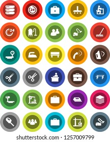 White Solid Icon Set- vacuum cleaner vector, rake, iron, steaming, student, case, horizontal bar, big scales, group, scissors, data, bench, construction crane, 24 hour