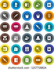 White Solid Icon Set- vacuum cleaner vector, bucket, kettle, scales, oven, blender, air conditioner, fridge, washer, coffee maker, hood