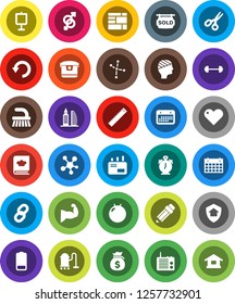 White Solid Icon Set- vacuum cleaner vector, fetlock, cookbook, pencil, ruler, alarm clock, scissors, presentation, constellation, money bag, barbell, fitball, muscule hand, calendar, social media