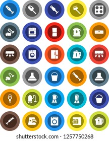 White Solid Icon Set- vacuum cleaner vector, bucket, kettle, scales, oven, blender, air conditioner, fridge, washer, coffee maker, hood