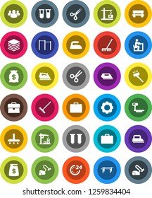 White Solid Icon Set- vacuum cleaner vector, rake, iron, student, case, horizontal bar, big scales, group, vial, scissors, data, gear, bench, construction crane, money bag, 24 hour