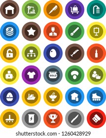 White Solid Icon Set- vacuum cleaner vector, shower, sink, cook timer, knife, toaster, egg, mushroom, oil, pen, award cup, presentation, t shirt, roller Skates, enegry drink, ship, warehouse, doctor