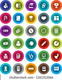 White Solid Icon Set- vacuum cleaner vector, window cleaning, toilet, cookbook, ruler, table lamp, compass, award cup, pie graph, calculator, sports nutrition, cereals, hoop, link, heart, disabled