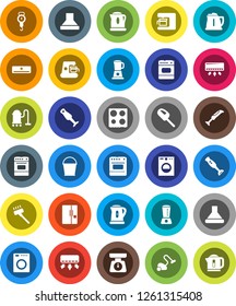 White Solid Icon Set- vacuum cleaner vector, bucket, kettle, scales, oven, blender, air conditioner, fridge, washer, coffee maker, hood