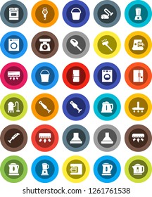 White Solid Icon Set- vacuum cleaner vector, bucket, kettle, scales, oven, blender, air conditioner, fridge, washer, coffee maker, hood