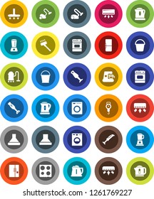 White Solid Icon Set- vacuum cleaner vector, bucket, kettle, scales, oven, blender, air conditioner, fridge, washer, coffee maker, hood