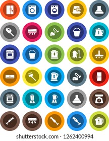 White Solid Icon Set- vacuum cleaner vector, bucket, kettle, scales, oven, blender, air conditioner, fridge, washer, coffee maker, hood
