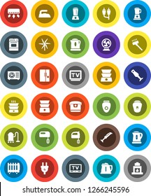 White Solid Icon Set- vacuum cleaner vector, iron, kettle, mixer, oven, double boiler, blender, tv, rca, windmill, ari condition, fridge, power plug, multi cooker, epilator, air conditioner, fan