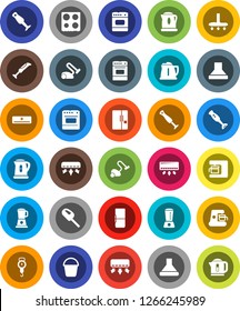 White Solid Icon Set- vacuum cleaner vector, bucket, kettle, scales, oven, blender, air conditioner, fridge, coffee maker, hood