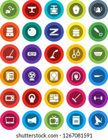 White Solid Icon Set- vacuum cleaner vector, rake, pan, colander, cook press, whisk, double boiler, barbell, measuring, fitball, gymnast rings, consolidated cargo, loudspeaker, tomography, siren, tv
