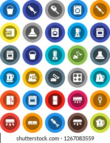White Solid Icon Set- vacuum cleaner vector, bucket, kettle, scales, oven, blender, air conditioner, fridge, washer, coffee maker, hood