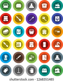 White Solid Icon Set- vacuum cleaner vector, fetlock, mop, sponge, car, rubber glove, water tap, spatula, double boiler, fridge, washer, dishwasher, coffee maker, hood, multi cooker, blender