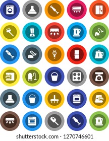 White Solid Icon Set- vacuum cleaner vector, bucket, kettle, scales, oven, blender, air conditioner, fridge, washer, coffee maker, hood
