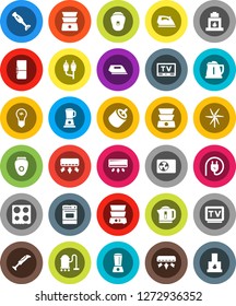 White Solid Icon Set- vacuum cleaner vector, iron, kettle, oven, double boiler, blender, tv, rca, windmill, air conditioner, ari condition, fridge, power plug, epilator, bulb, fireplace