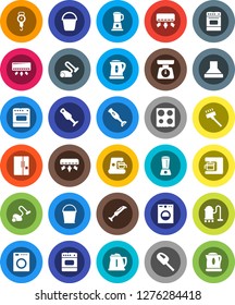 White Solid Icon Set- vacuum cleaner vector, bucket, kettle, scales, oven, blender, air conditioner, fridge, washer, coffee maker, hood