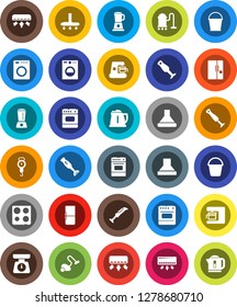 White Solid Icon Set- vacuum cleaner vector, bucket, kettle, scales, oven, blender, air conditioner, fridge, washer, coffee maker, hood